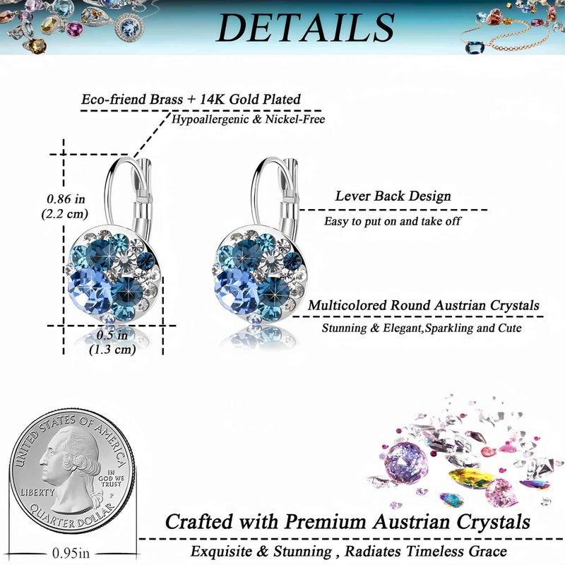 EVEVIC Multicolored Austrian Crystal Earrings for Women 14K Gold Plated Leverback Dangle Hoop Earrings (Blue Main Crystal/Silver-tone) - Image 4